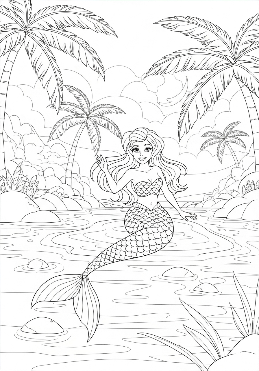 Desenho de Sereia no oceano com palmeiras para colorir