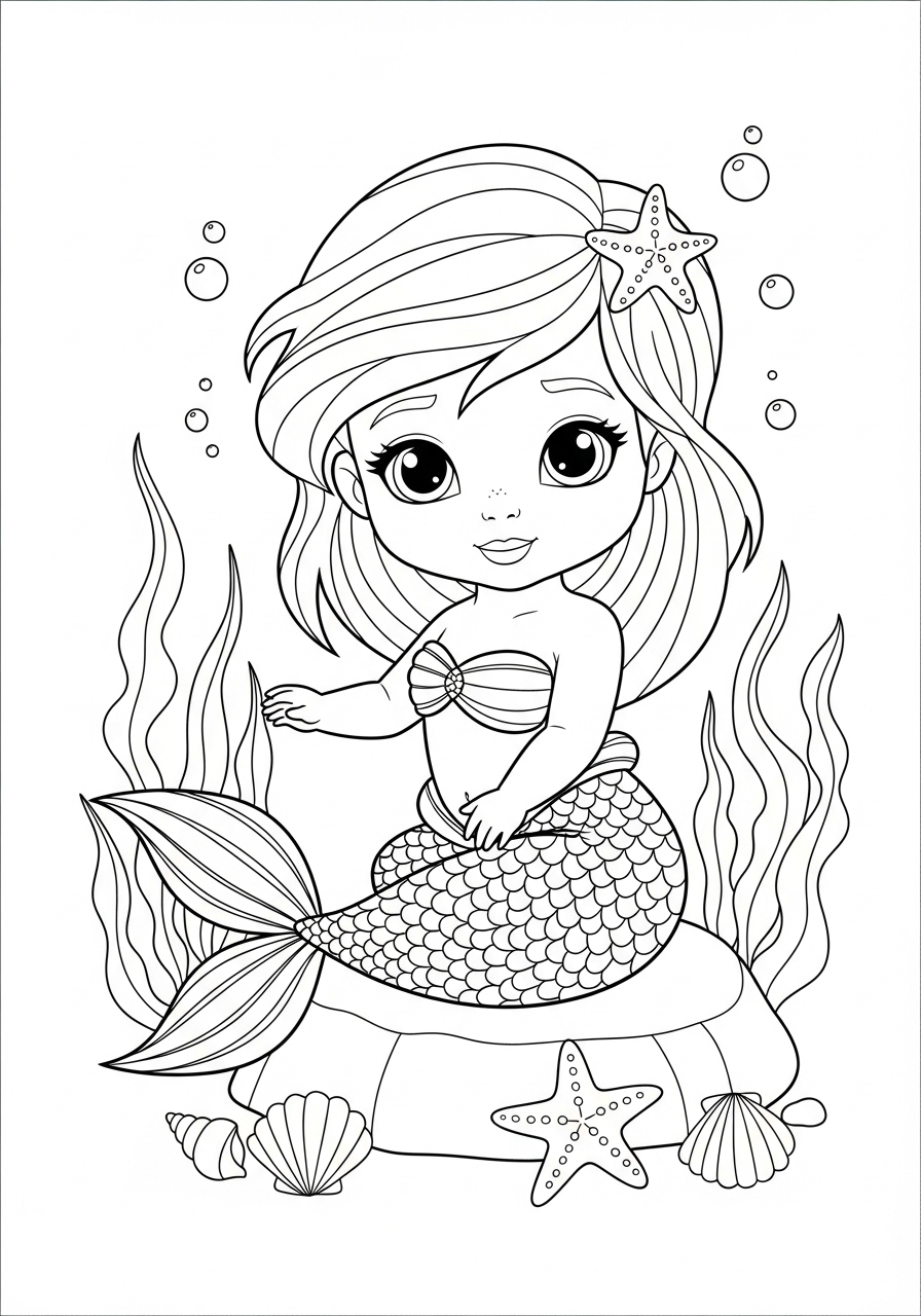 Desenho de Sereia fofa sentada em uma rocha para colorir