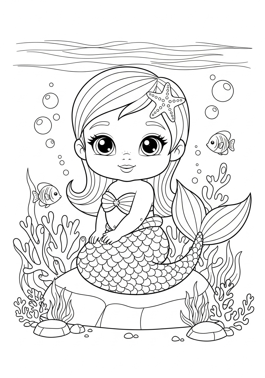 Desenho de Sereia bebê entre algas para colorir