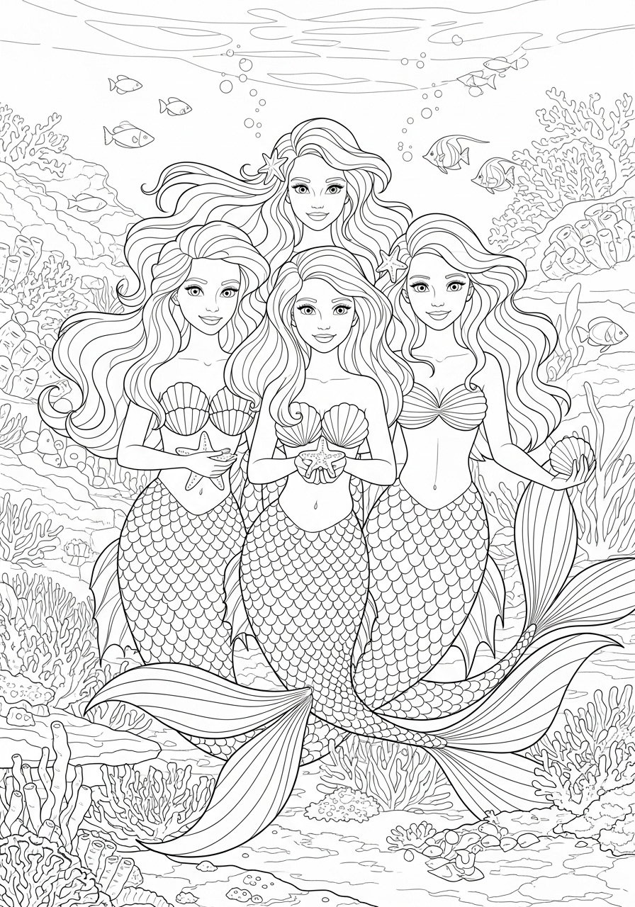 Desenho de quatro sereias juntas para colorir