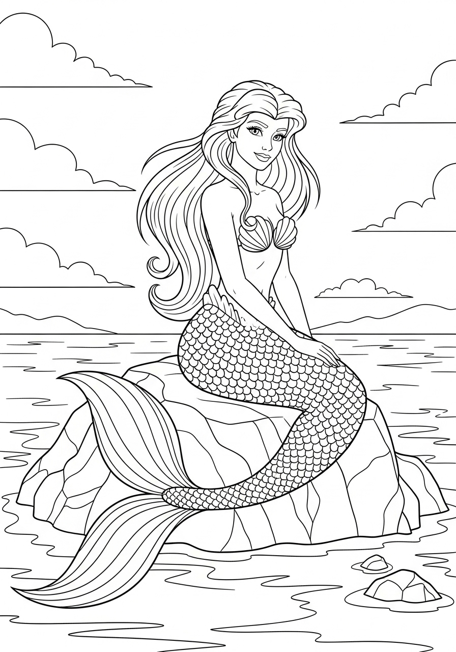 Desenho de Sereia sorridente sentada na praia para colorir