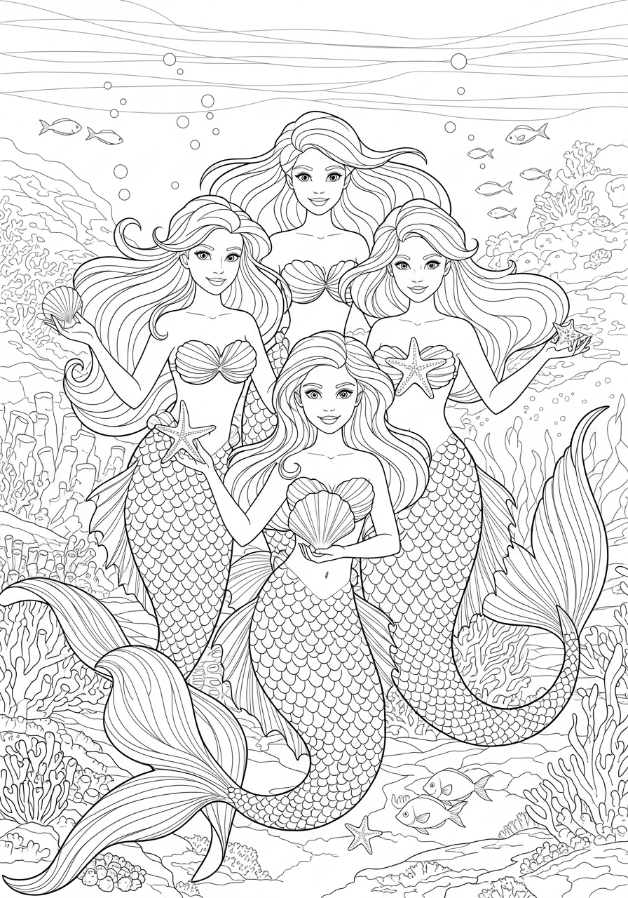 Desenho de Sereias amigas no oceano para colorir