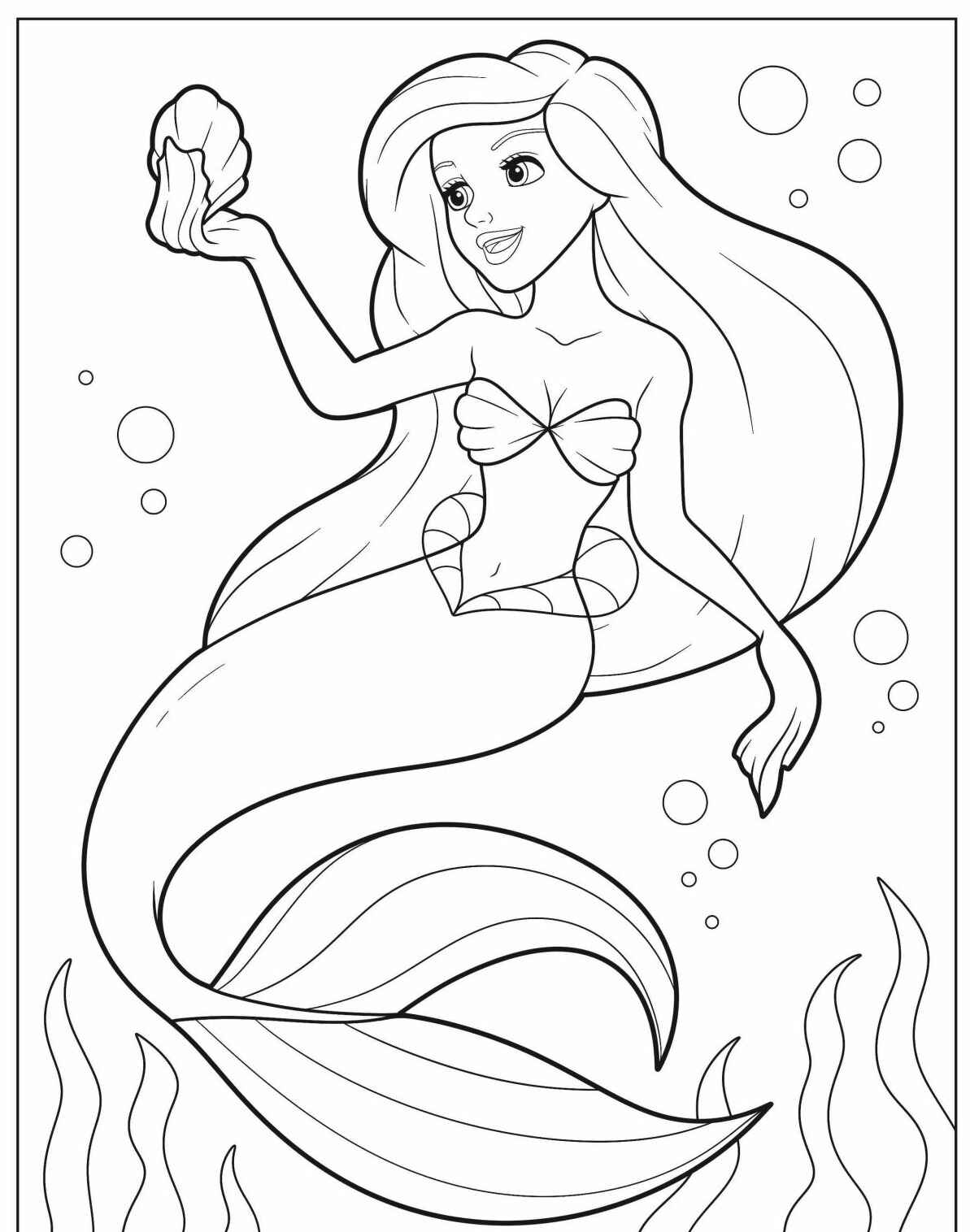 Desenho de Sereia fofa segurando uma concha para colorir