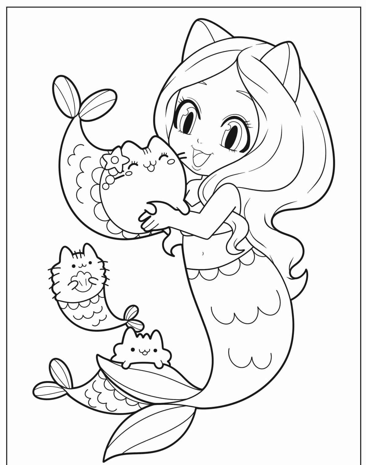Desenho de Sereia fofinha com gatinhos para colorir