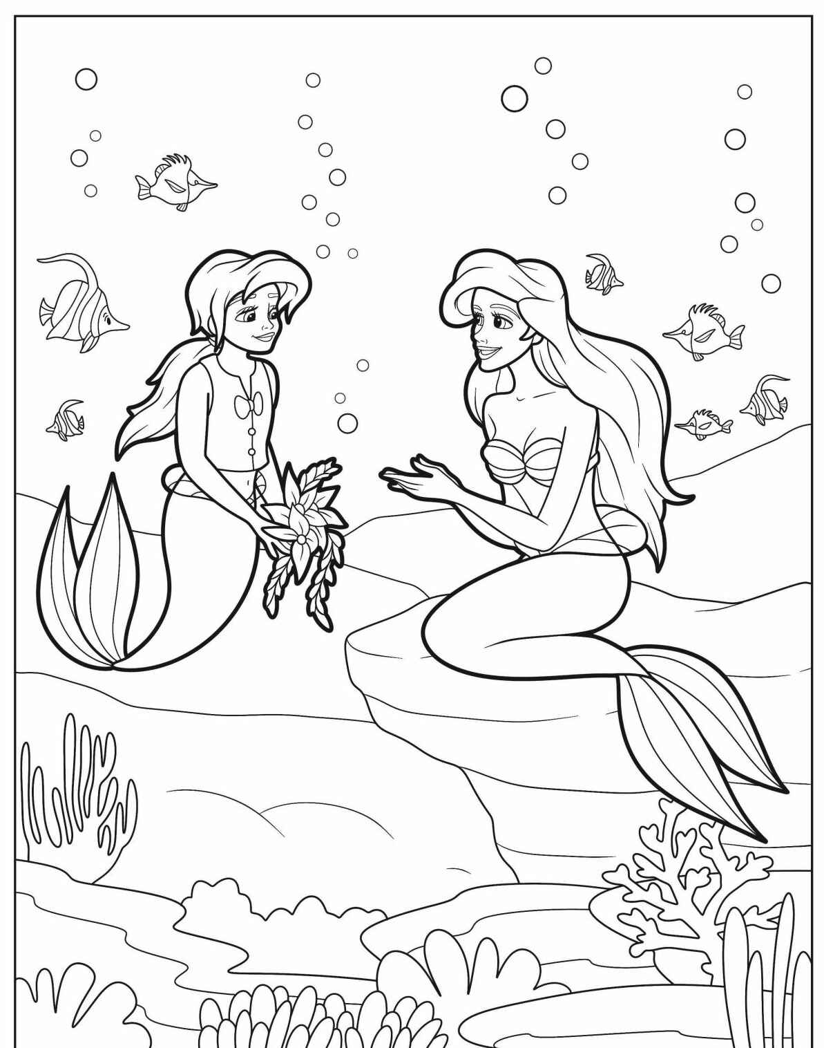 Desenho de Sereias conversando sob o mar para colorir