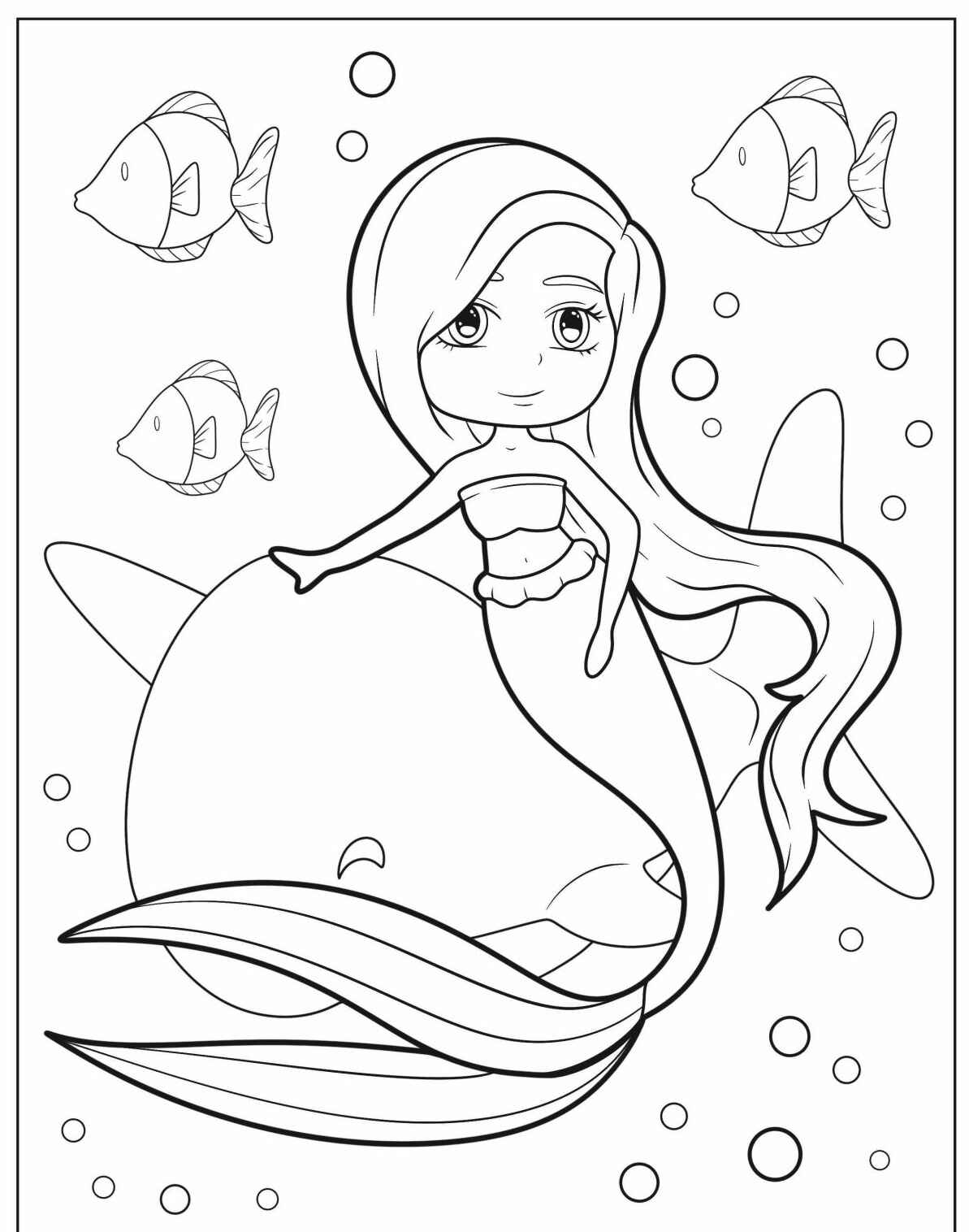 Desenho de Sereia com baleia e peixes para colorir