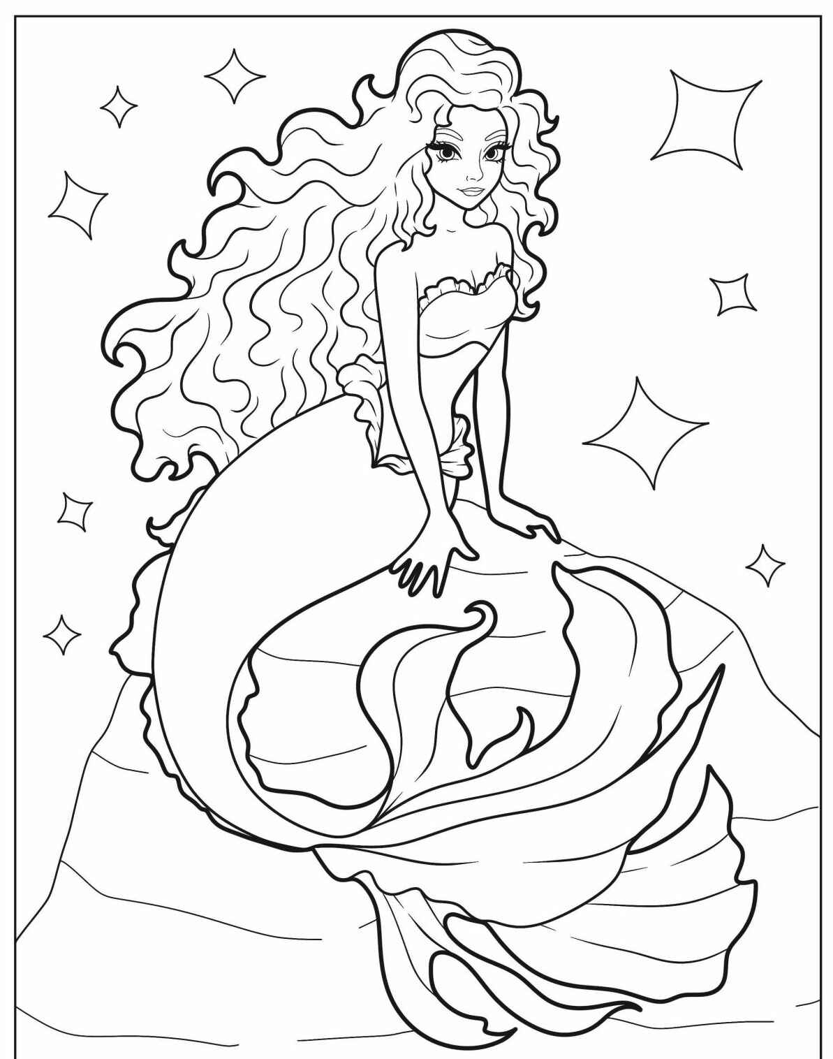 Desenho de Sereia realista sentada para colorir