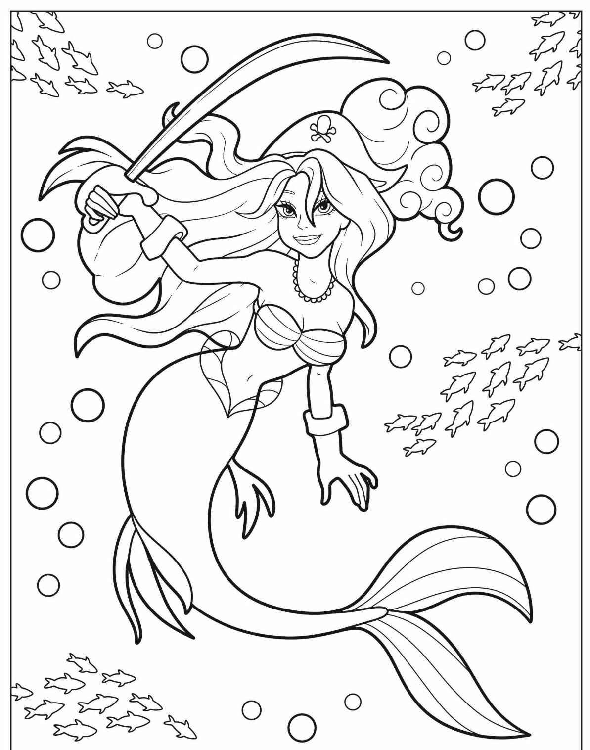 Desenho de Sereia pirata sorridente para colorir