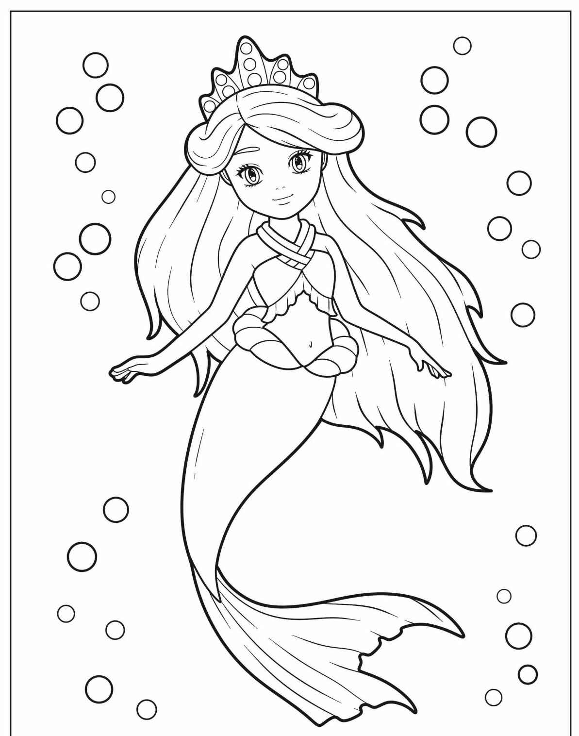 Desenho de Sereia fofa com coroa para colorir