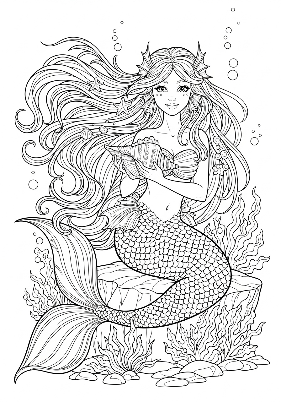 Desenho de Sereia realista segurando uma concha
