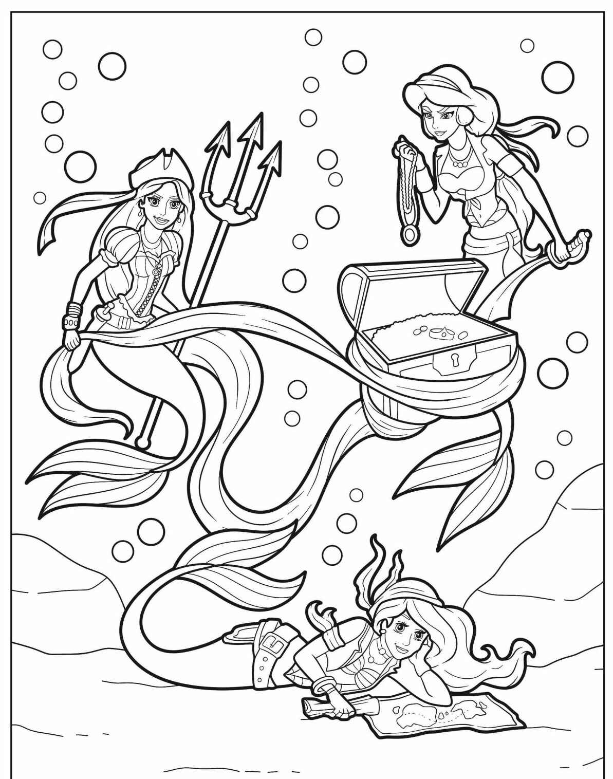 Desenho de Sereia pirata com baú de tesouro para colorir