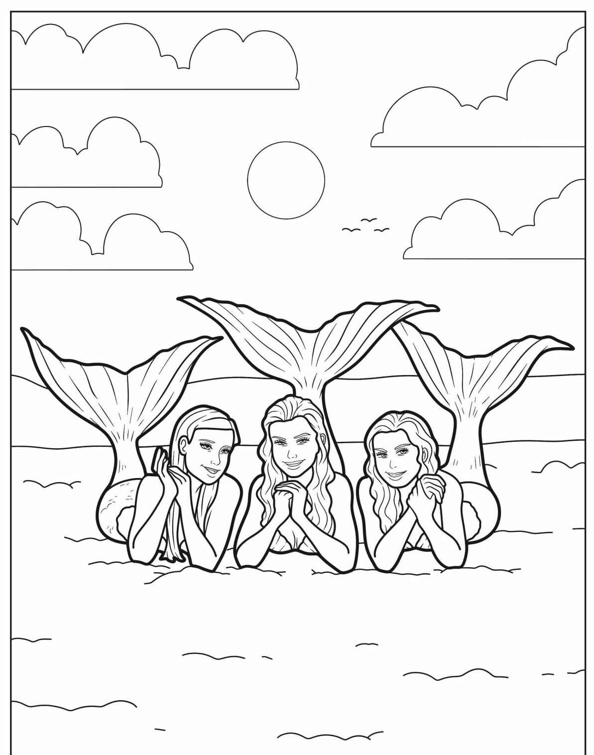 Sereias realistas e fofas na praia para colorir