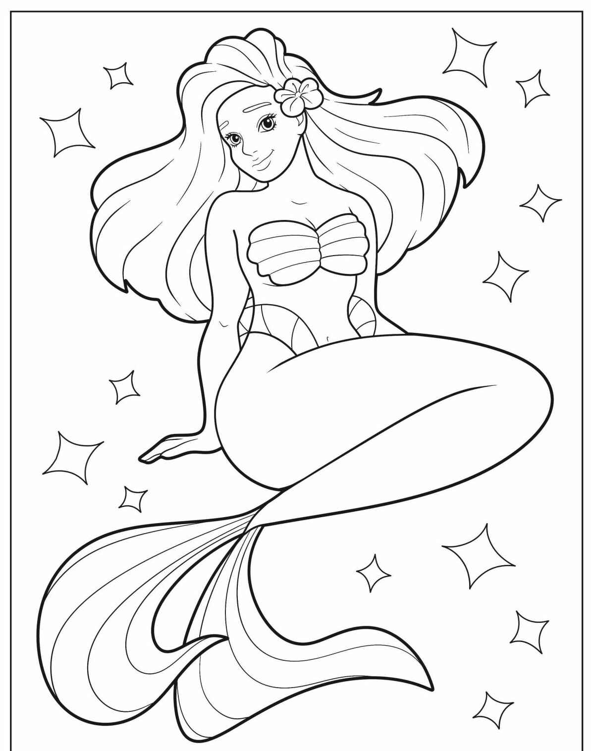 Desenho de Sereia sorrindo com cabelo longo para colorir