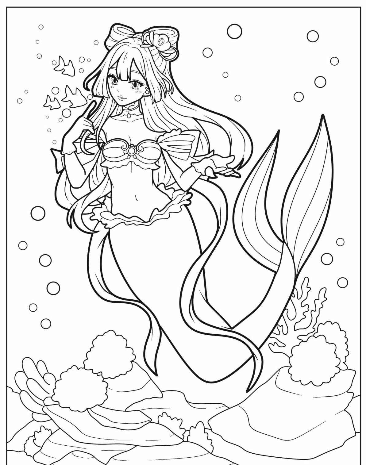 Desenho de Sereia com peixe ao redor para colorir