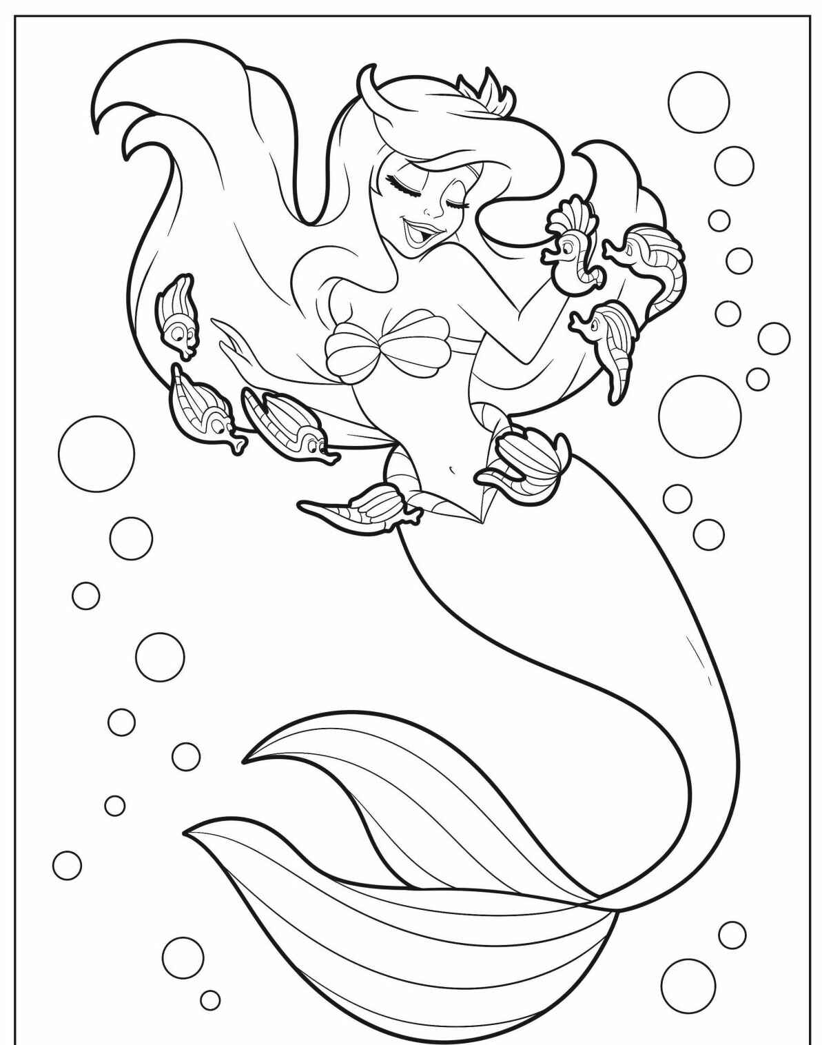 Desenho de Sereia com conchas no cabelo para colorir