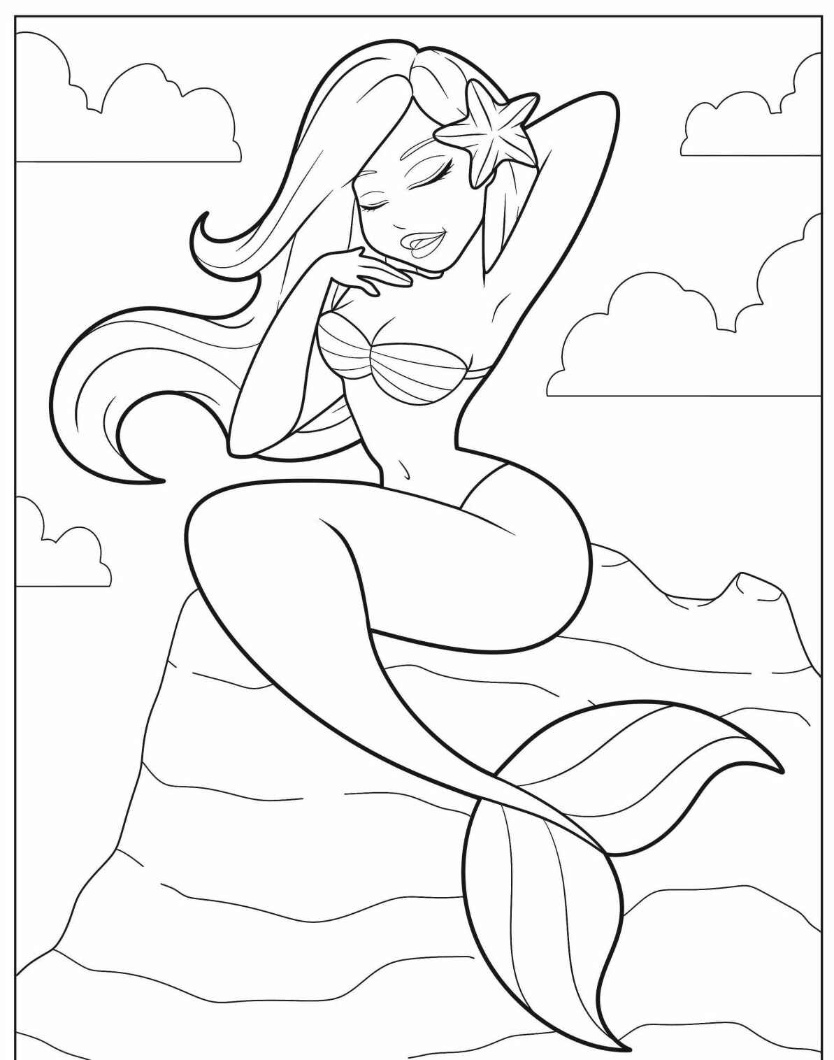 Desenho de Sereia fofa em uma pedra para colorir