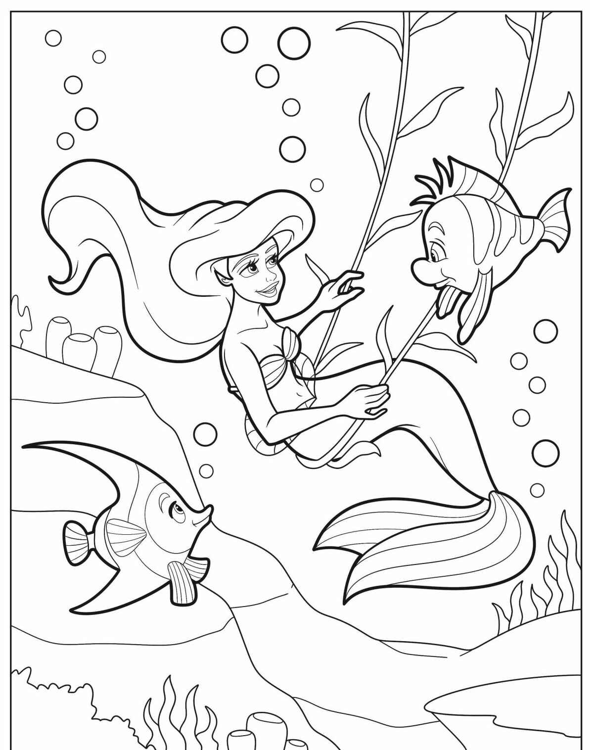 Desenho de Sereia com peixes e algas para colorir