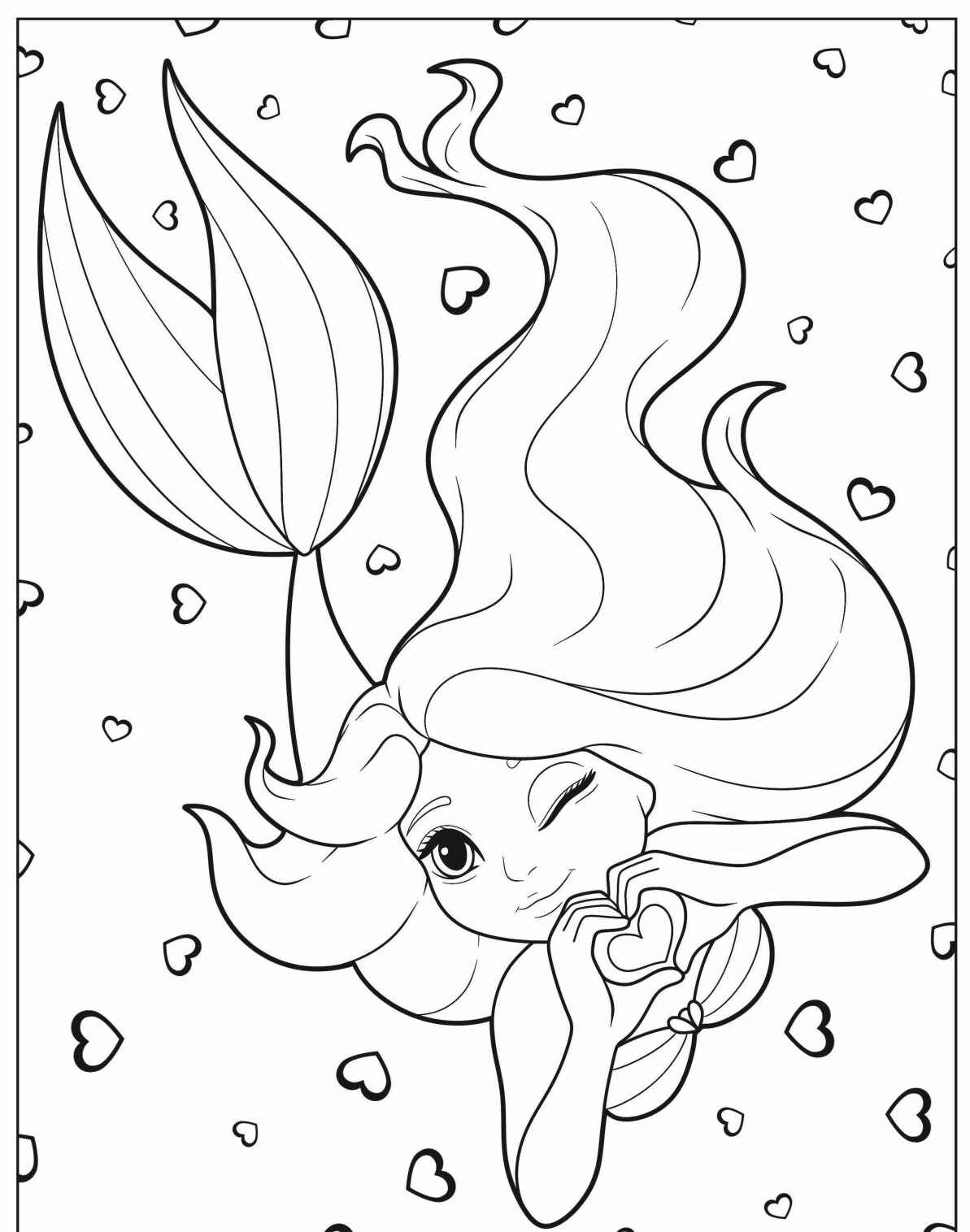 Desenho de Sereia fofa com corações para colorir