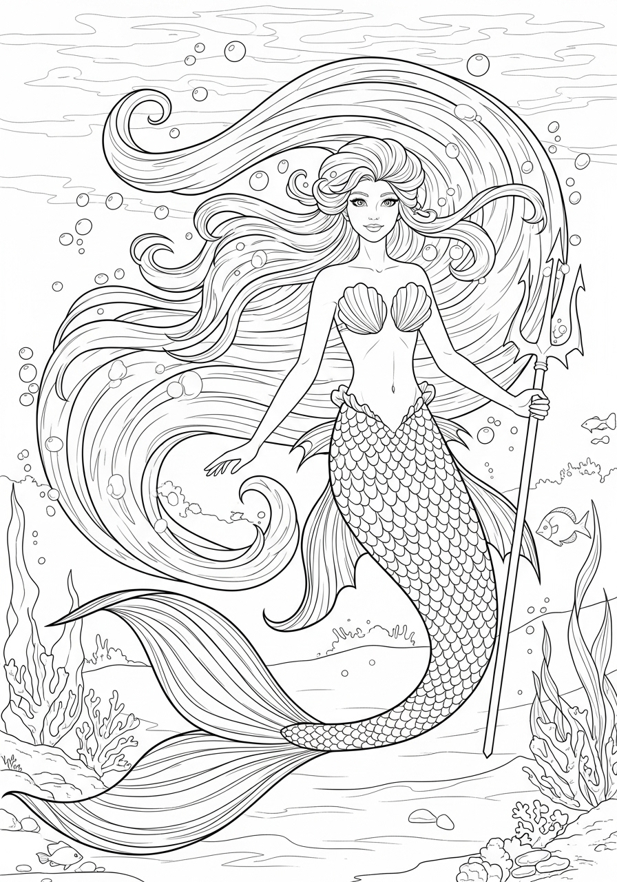 Desenho de Sereia com tridente para colorir