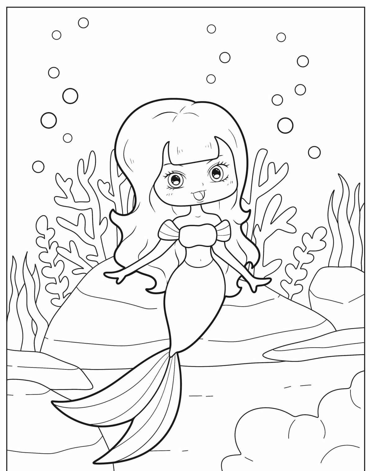 Desenho de Sereia fofa com cabelo longo para colorir