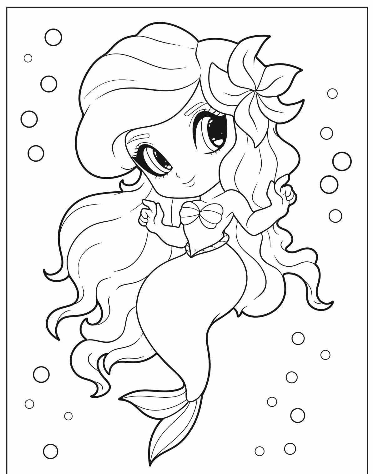 Desenho de Sereia fofa com laço para colorir