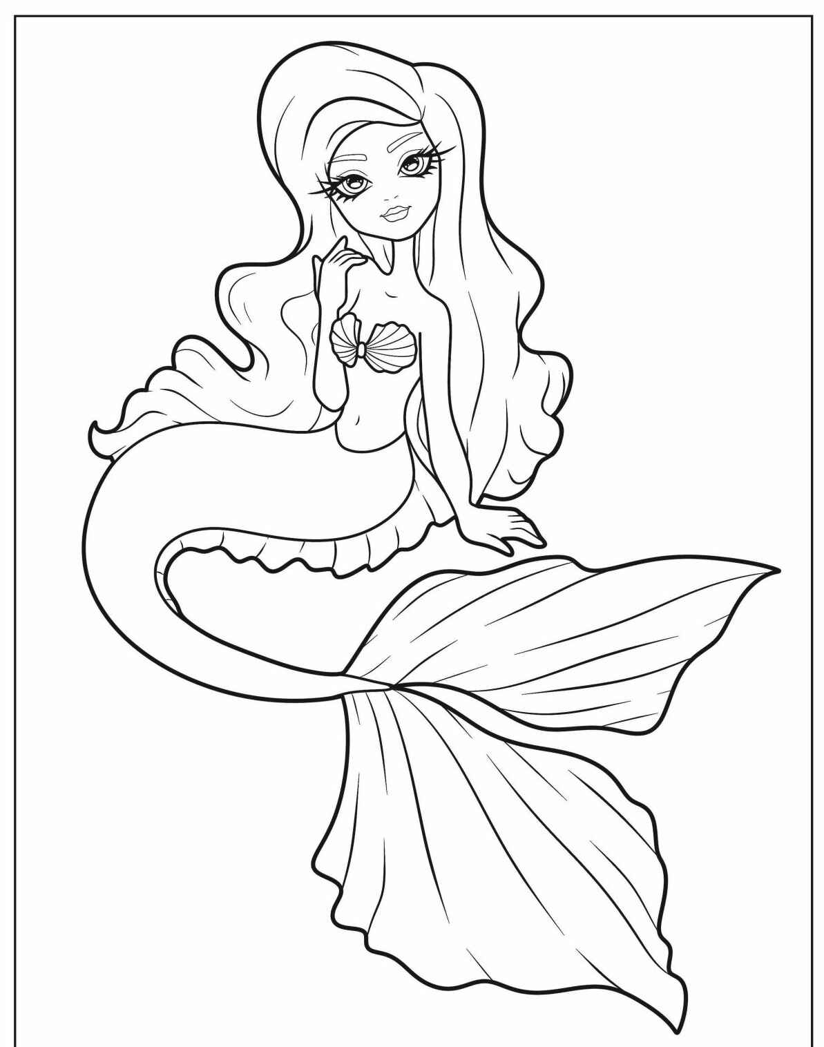 Desenho de Sereia fofa com cabelo longo para colorir