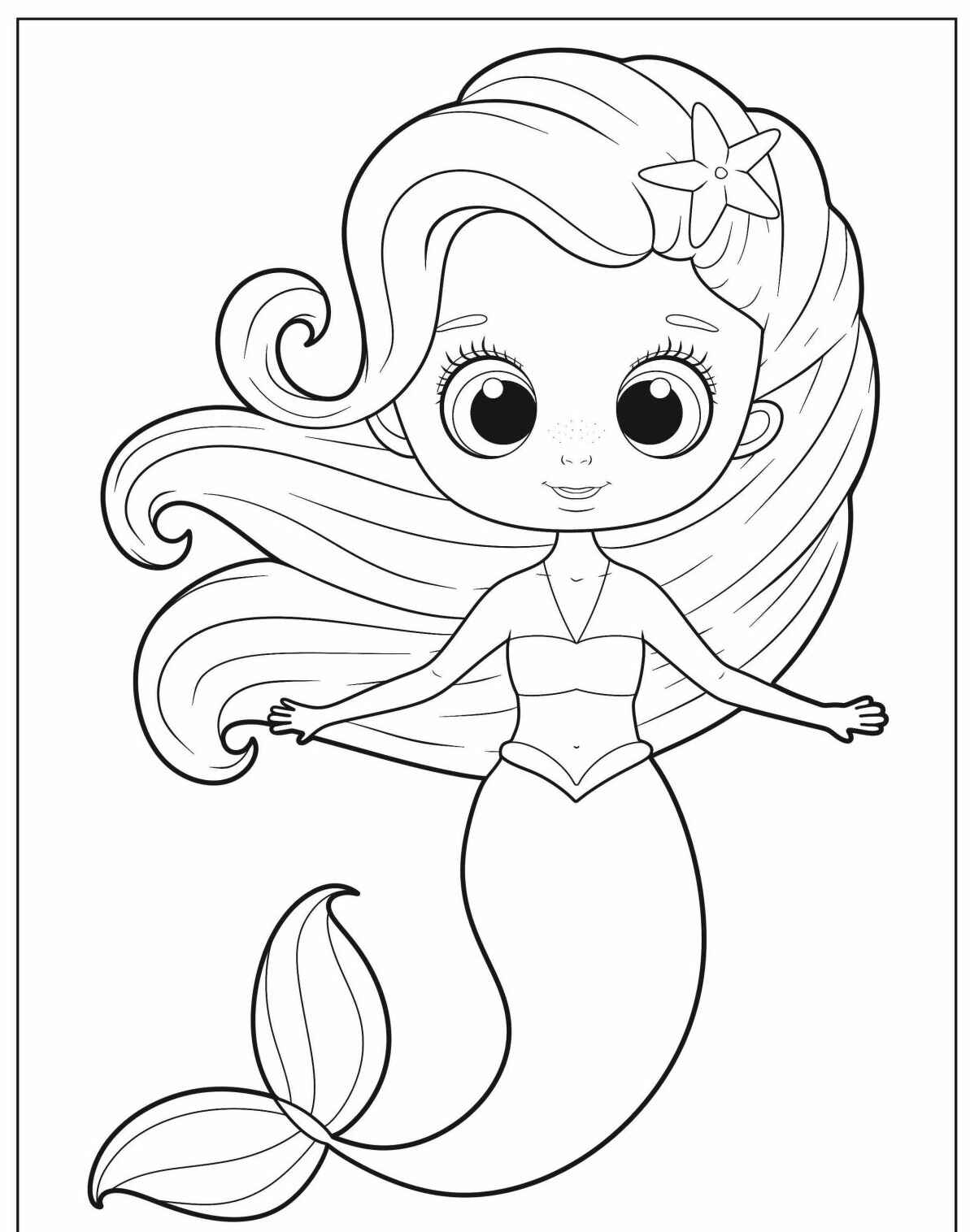 Desenho de Sereia Fofa com flor no cabelo para colorir