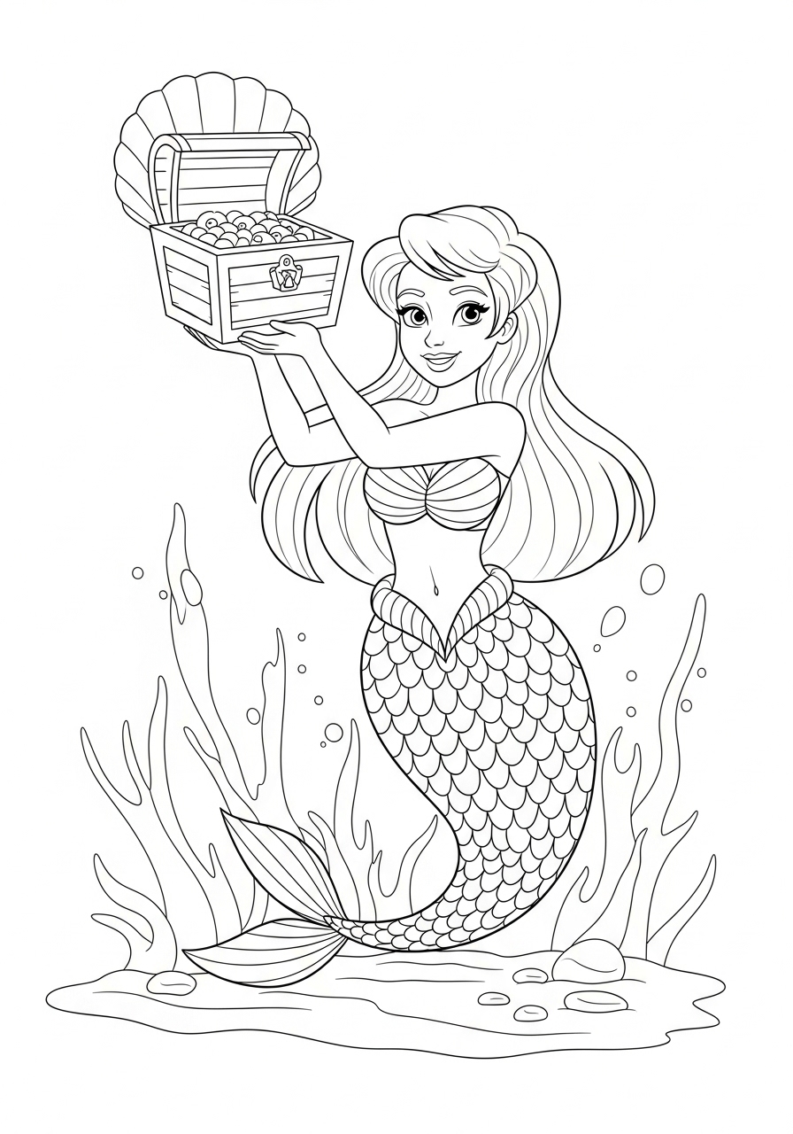 Desenho de Sereia com baú de tesouro para colorir