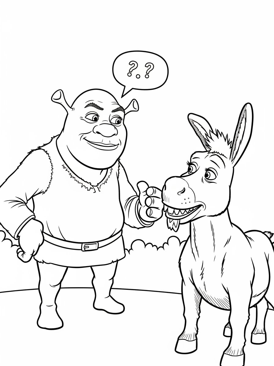 Desenho do Shrek e Burro com expressão divertida para colorir