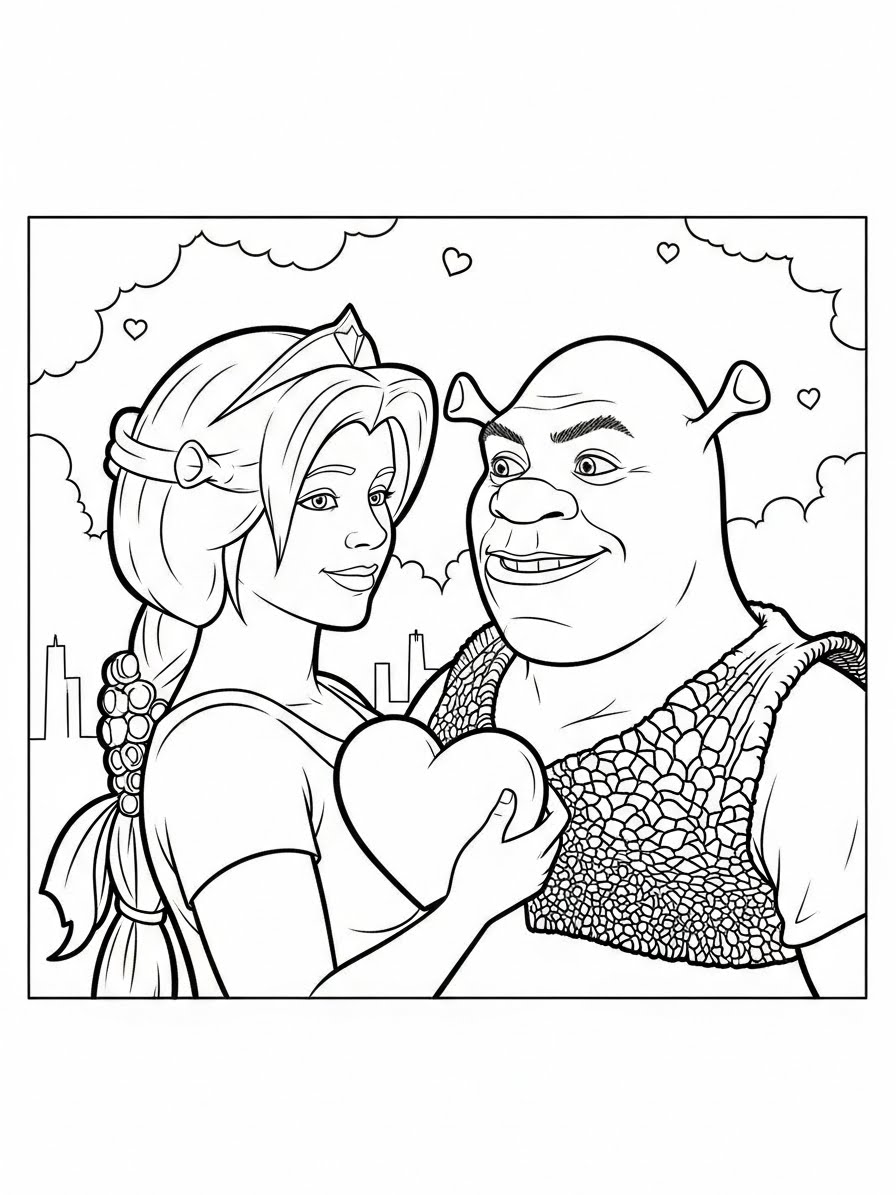 Desenho do Shrek e Fiona com um coração para colorir