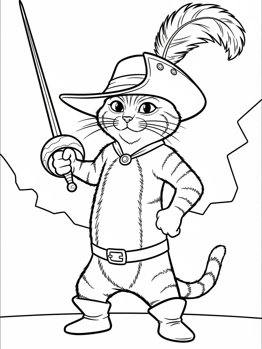 Desenho do Gato de Botas com espada para colorir