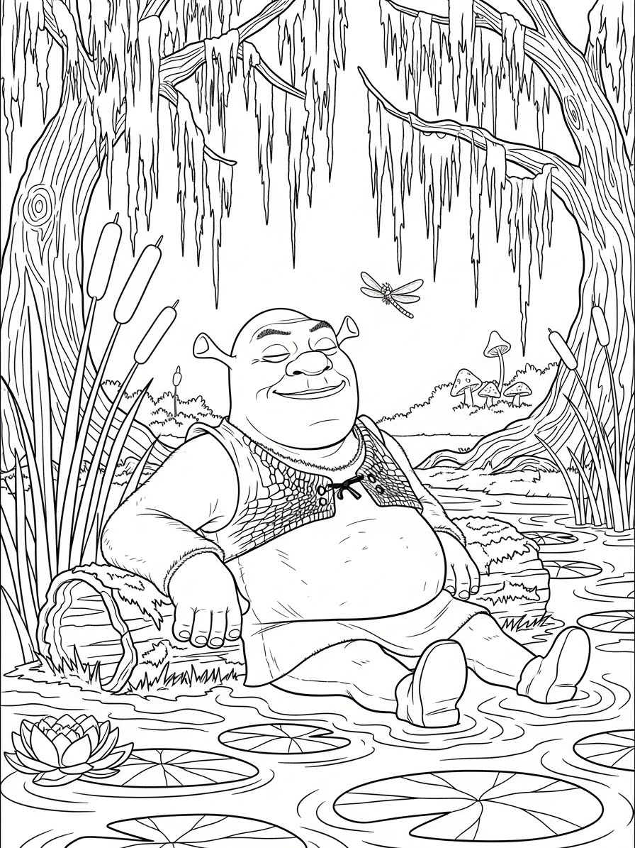 Desenho do Shrek relaxando em um lago para colorir
