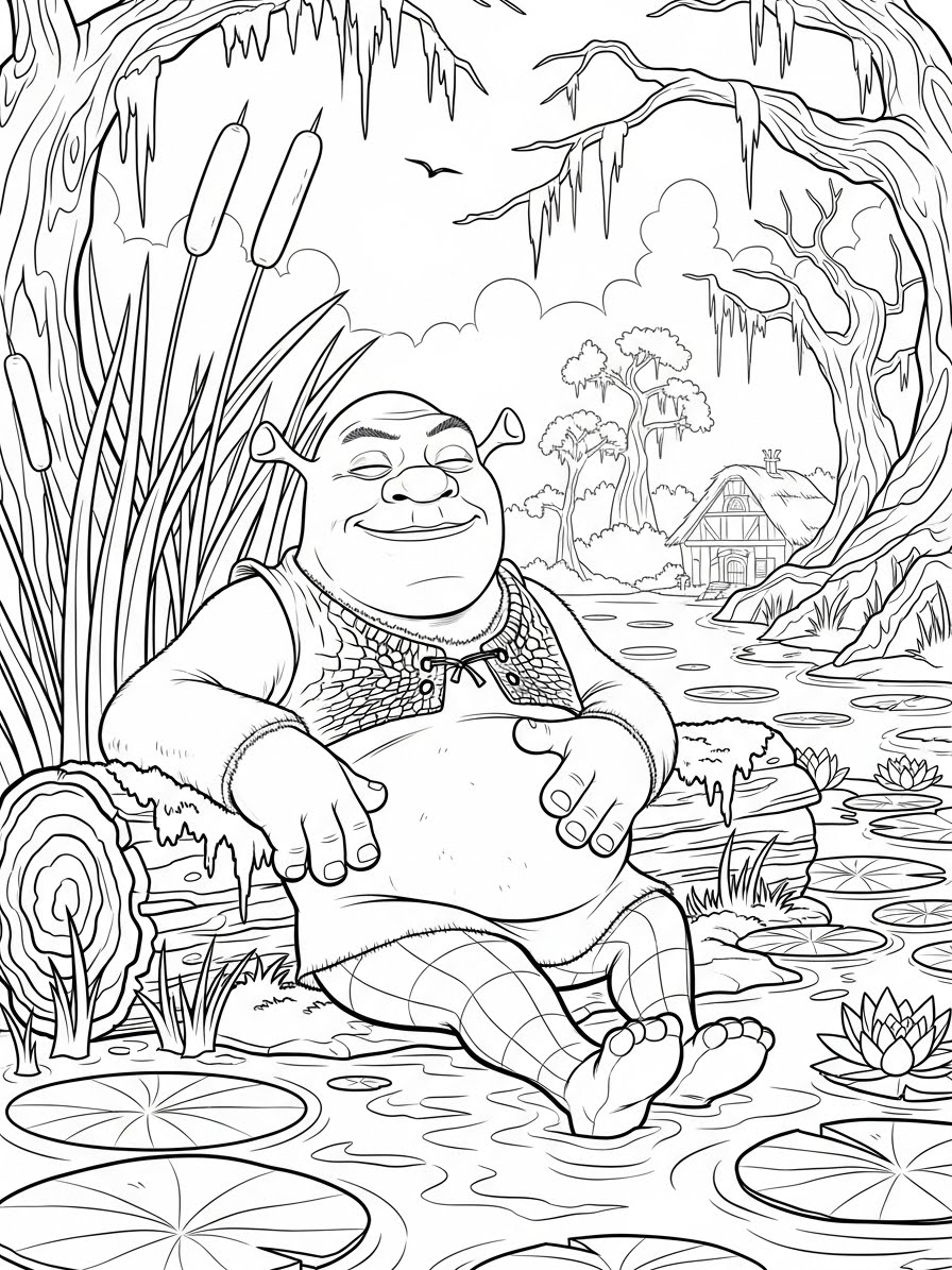Desenho do Shrek sentado à beira de um lago para colorir