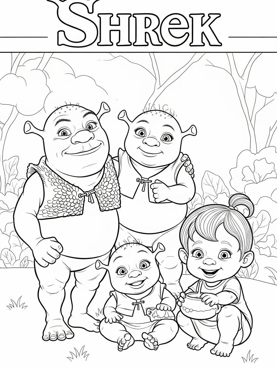 Desenho do Shrek com seus filhos para colorir