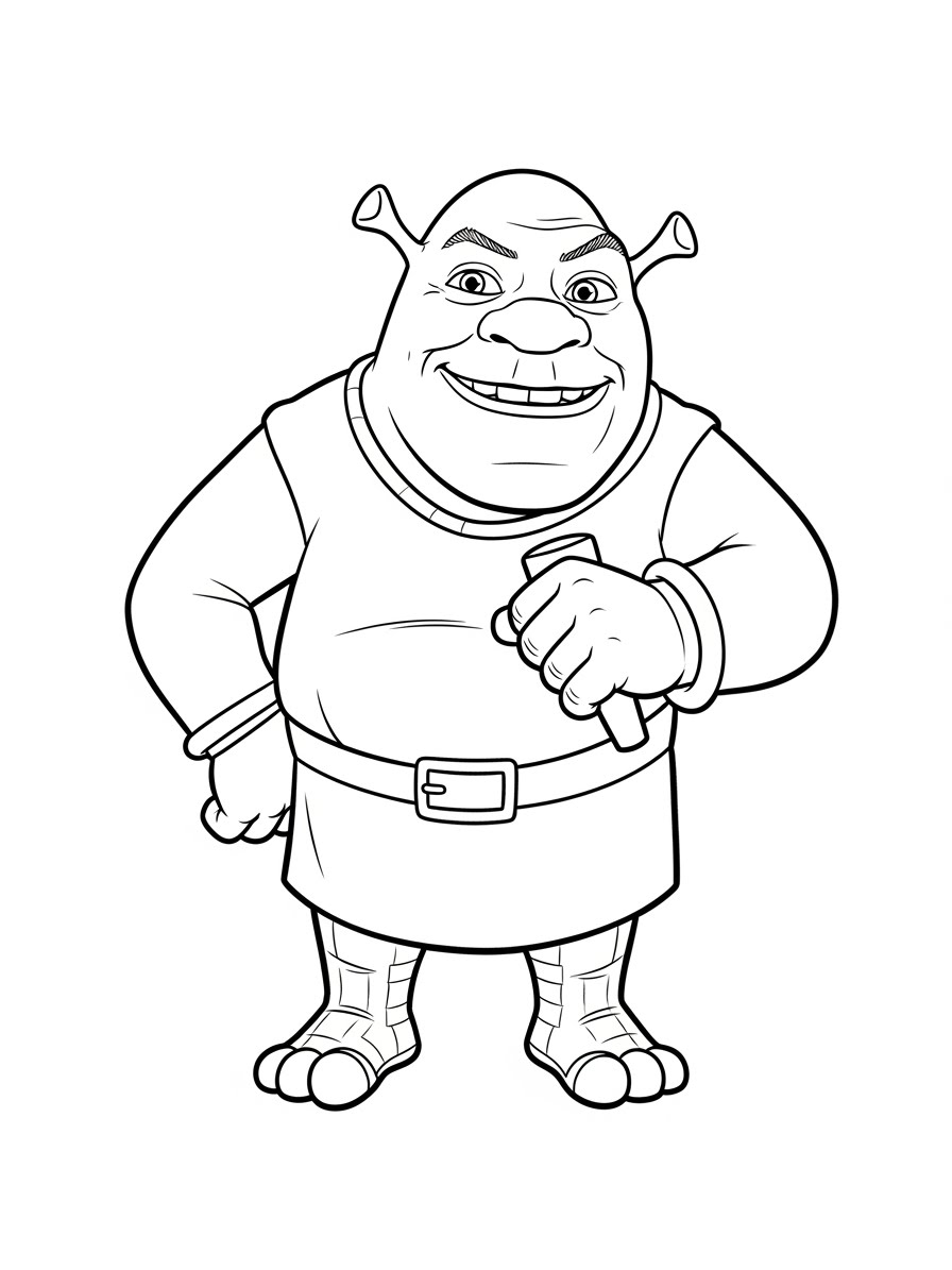 Desenho do Shrek sorridente com as mãos na cintura para colorir
