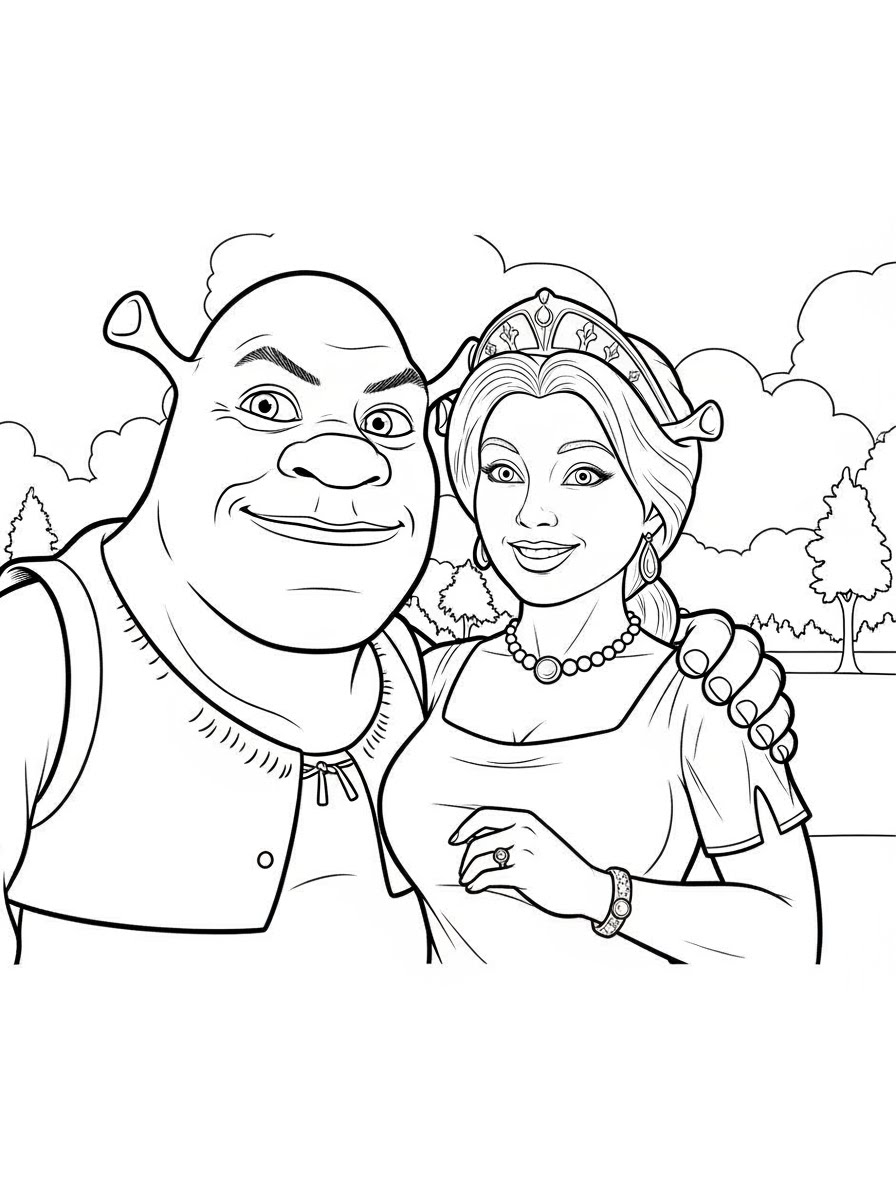 Desenho do Shrek com a Fiona para colorir