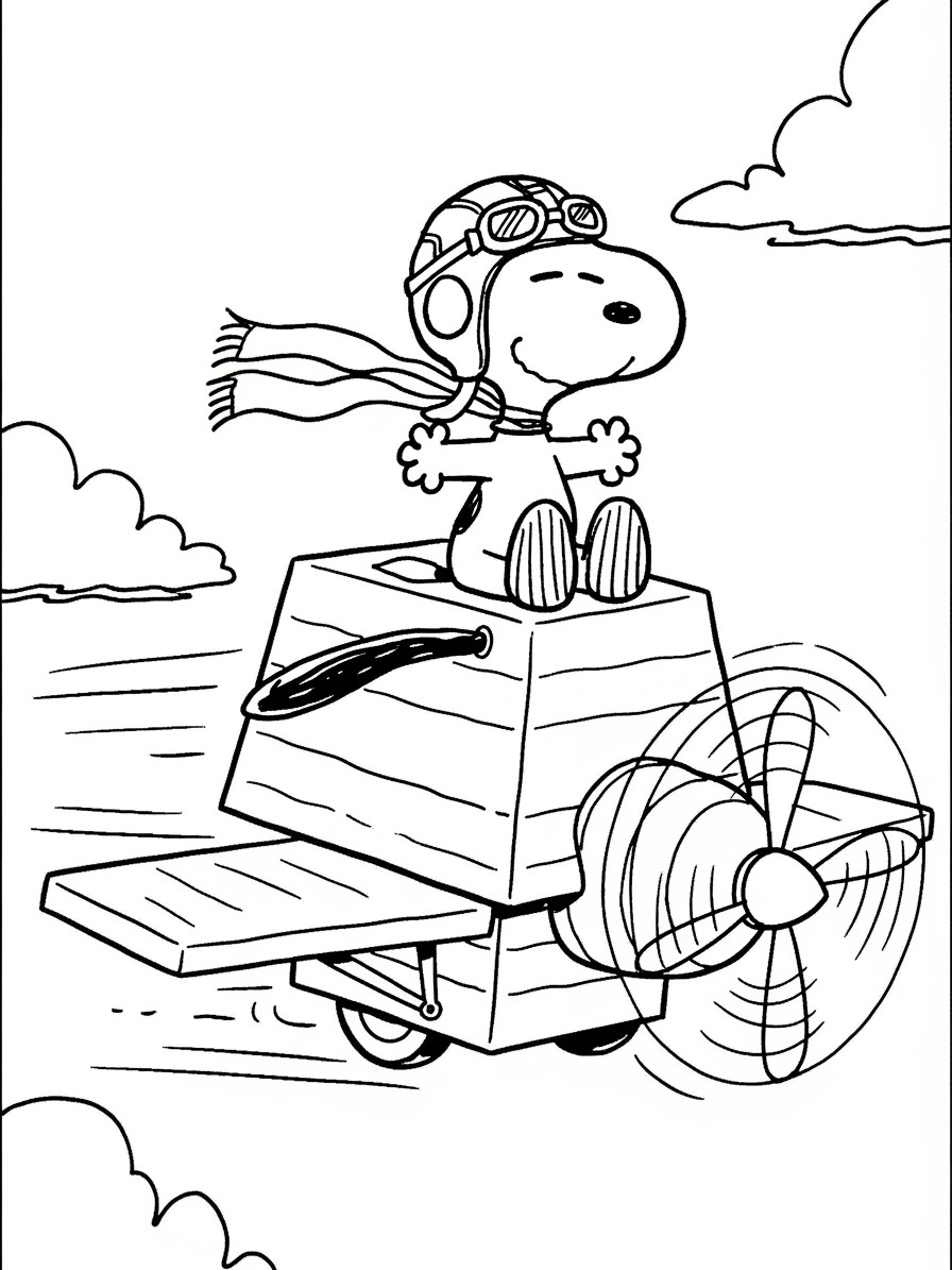 Desenho do Snoopy pilotando um avião para colorir