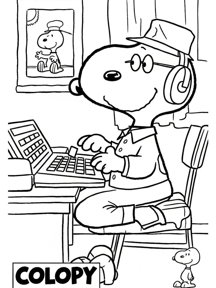 Desenho do Snoopy sentado no computador para colorir