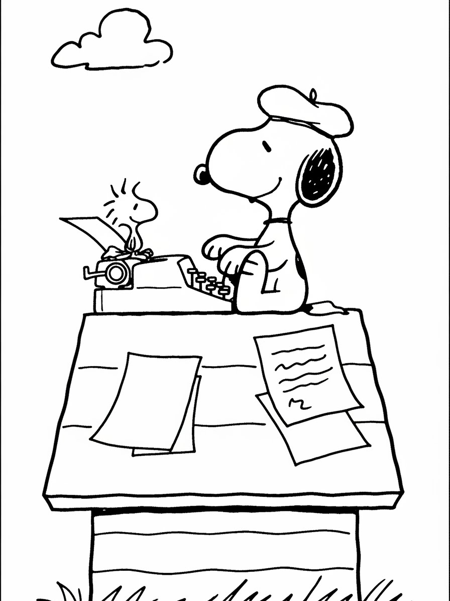 Desenho do Snoopy escritor com seu amigo Woodstock para colorir