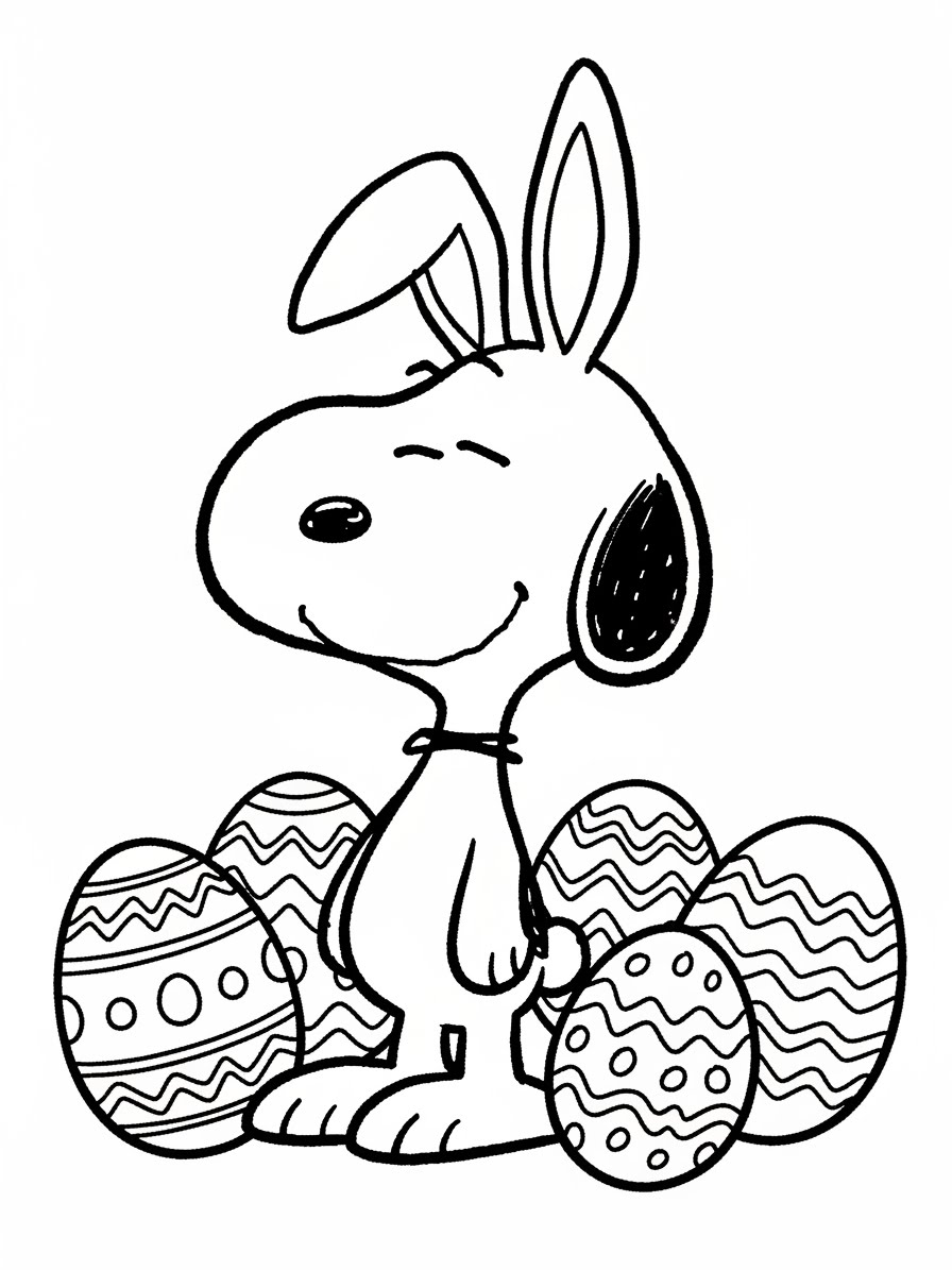 Desenho do Snoopy com orelhas de coelho e ovos coloridos para colorir