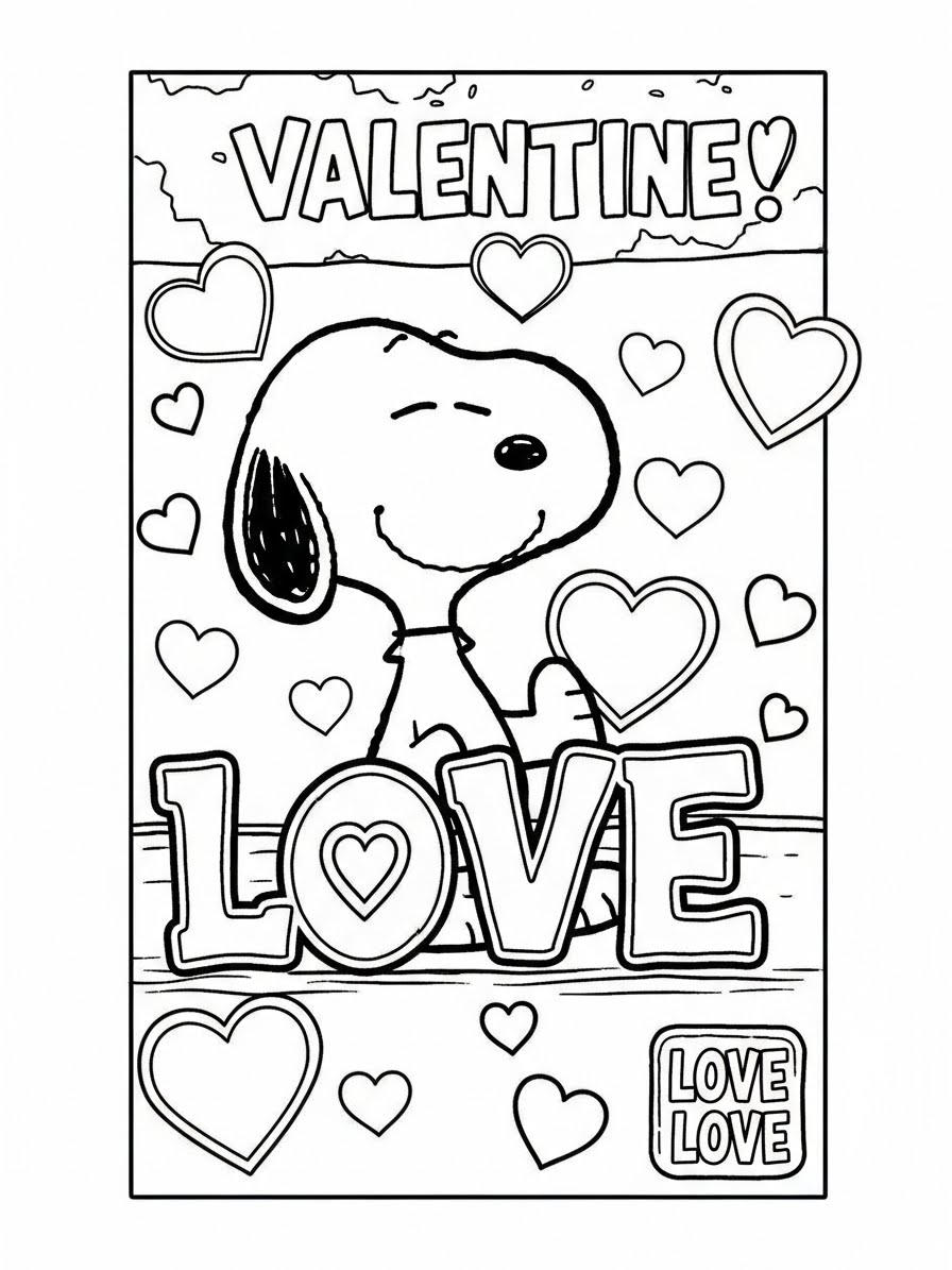 Desenho do Snoopy com corações e a palavra love para colorir