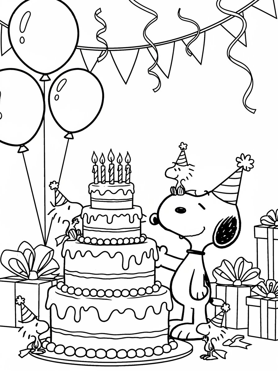 Desenho do Snoopy comemorando aniversário e bolo para colorir