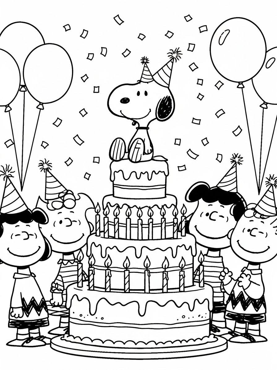 Desenho do Snoopy em festa de aniversário para colorir