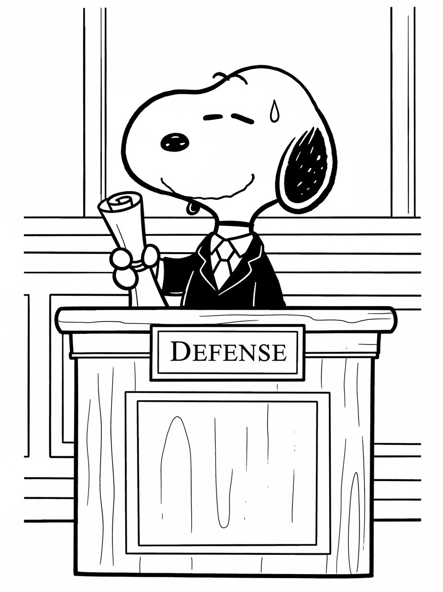 Desenho do Snoopy advogado em tribunal para colorir