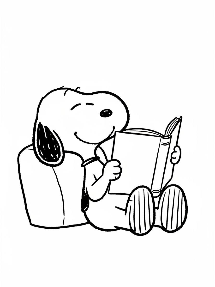 Desenho do Snoopy lendo um livro para colorir