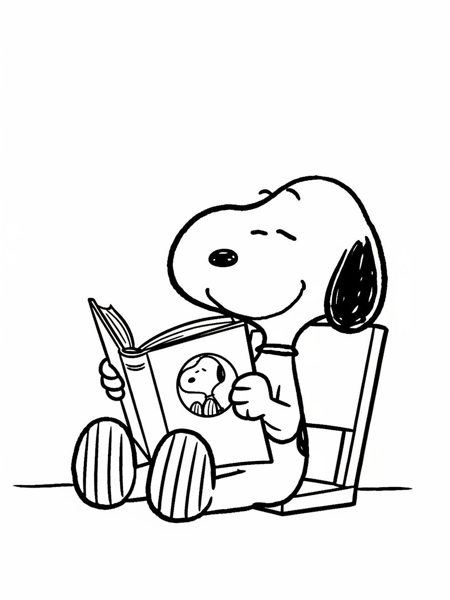 Desenho do Snoopy lendo um livro para colorir