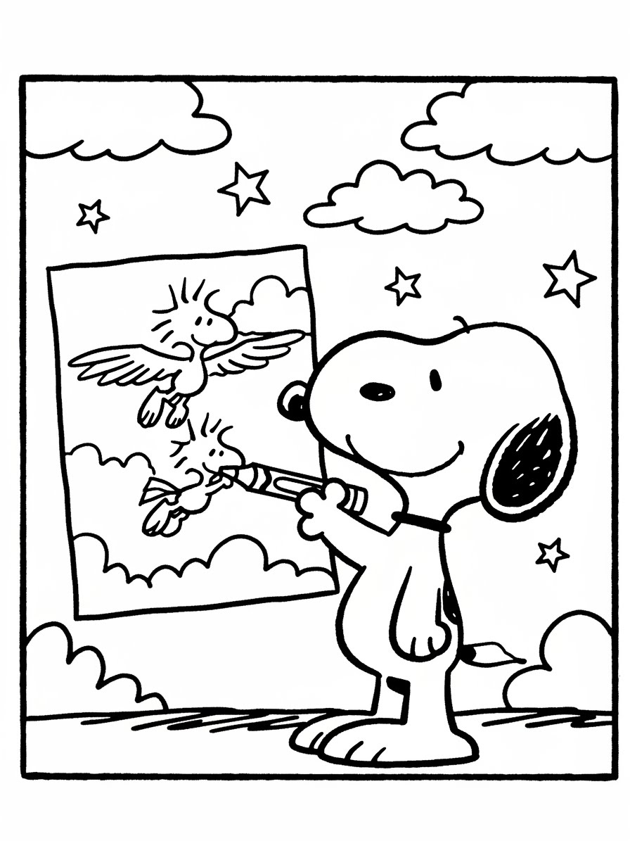 Desenho do Snoopy colorindo uma imagem de aves