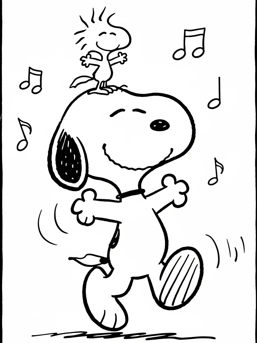 Desenho do Snoopy dançando com Woodstock para colorir