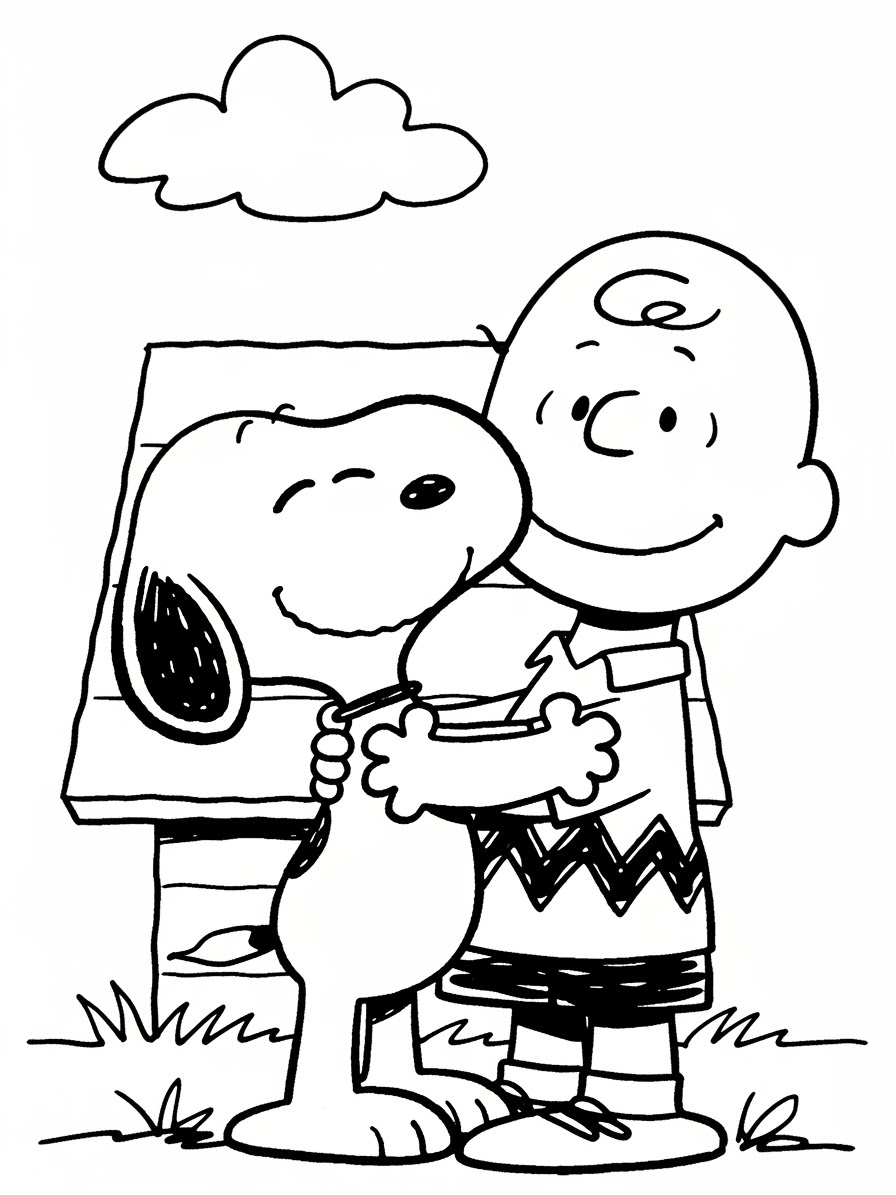 Desenho do Snoopy e Charlie Brown se abraçando para colorir