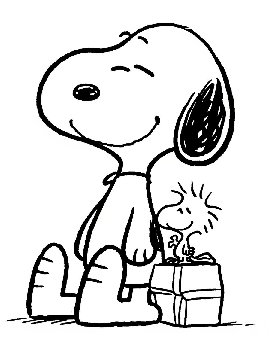 Desenho do Snoopy sentado com Woodstock para colorir